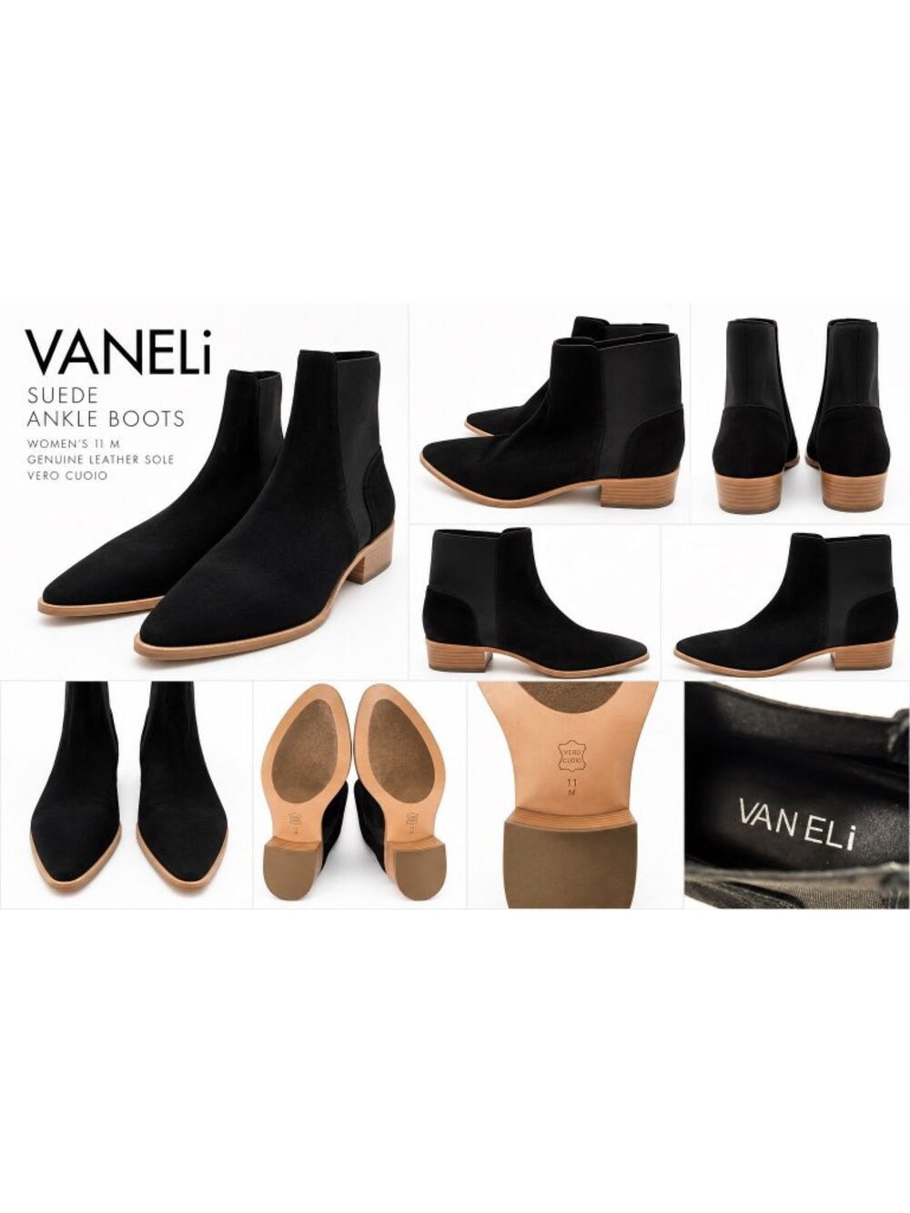 VANELi Black Suede Ankle Boots Women’s 11 M Pointed Toe Chelsea Leather Sole